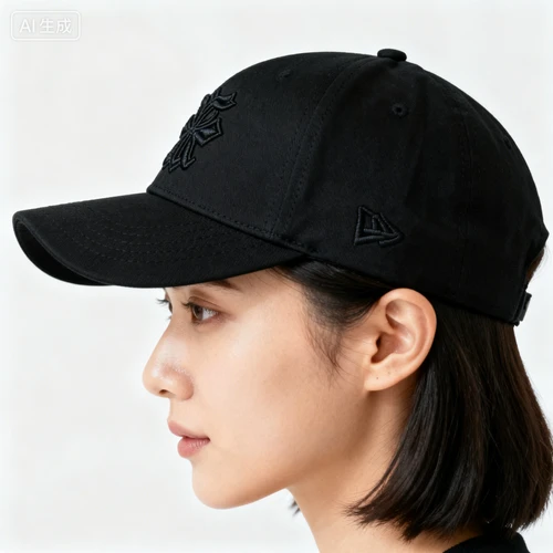 黑色棒球帽，刺绣图案，白色背景，侧视拍摄，造型休闲
