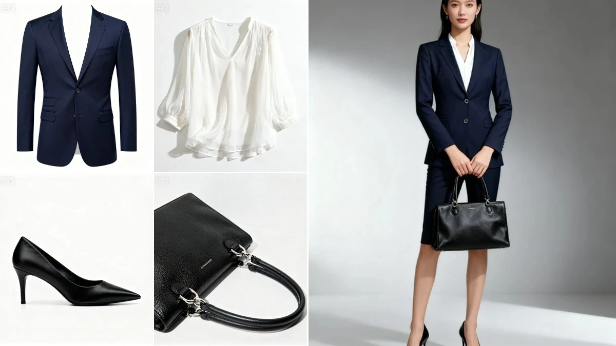 图2：职场风AI模特换衣效果（左侧为拆分素材，右侧为合并成品）