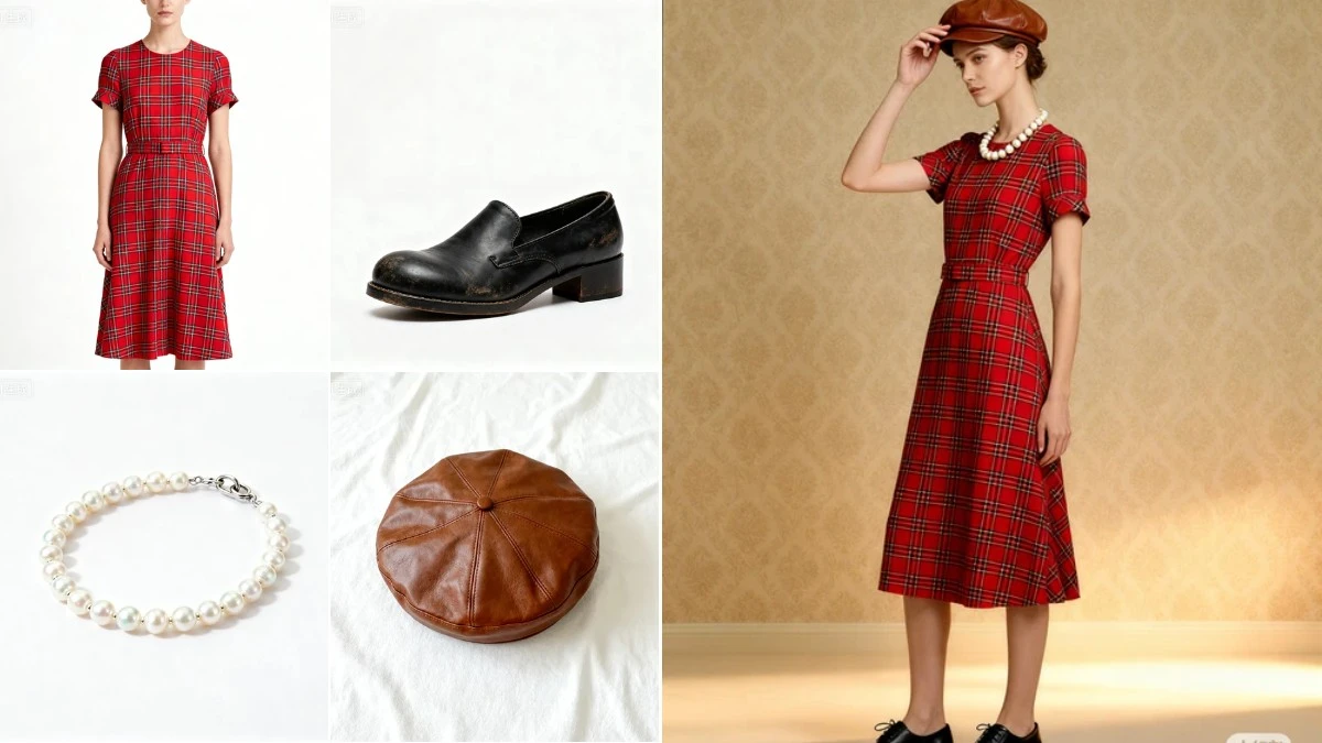 图3：复古风AI模特换衣效果（左侧为拆分素材，右侧为合并成品）