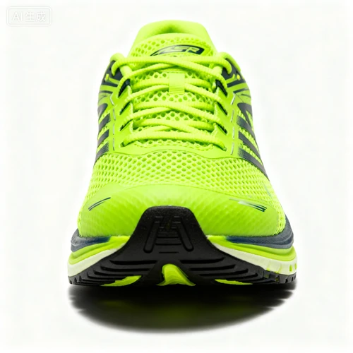 荧光绿跑鞋，网面设计，减震鞋底，白色背景，正视拍摄，功能性突出