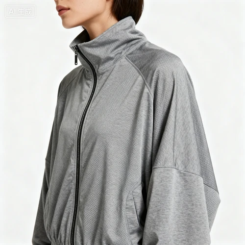 灰色运动外套，拉链设计，透气面料，白色背景，侧视拍摄，版型宽松