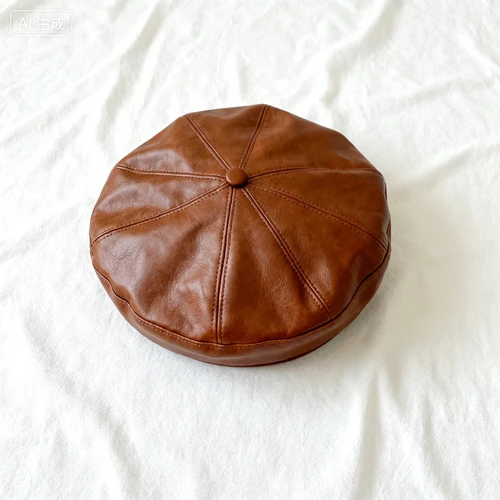 棕色皮质贝雷帽，简约款式，白色背景，俯视拍摄，与服装风格统一