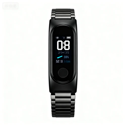黑色运动手环，智能显示屏，白色背景，正视拍摄，与风格统一