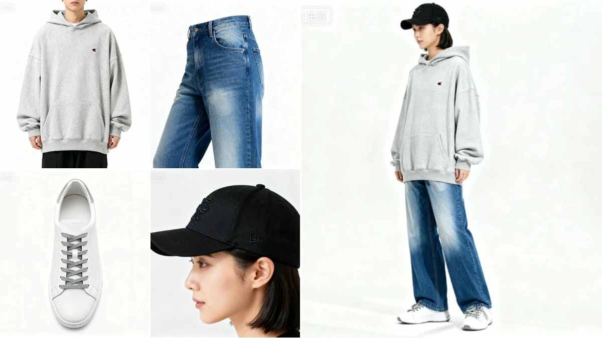 图1：休闲风AI模特换衣效果（左侧为拆分素材，右侧为合并成品）