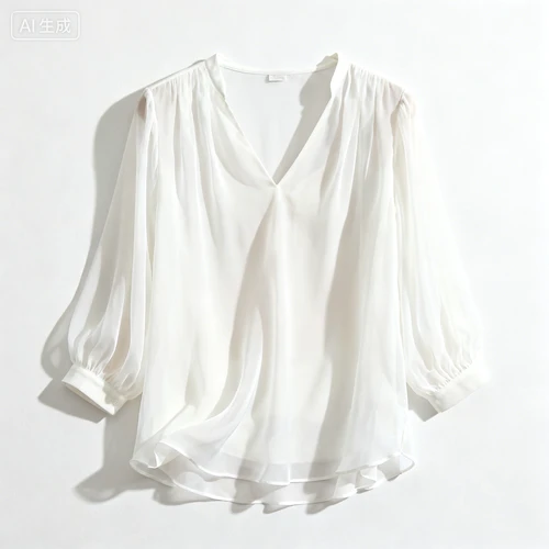 白色雪纺衬衫，V领设计，简约款式，白色背景，正视拍摄，面料飘逸