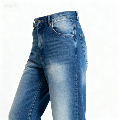 蓝色直筒牛仔裤，微磨白处理，中腰设计，白色背景，侧视拍摄，版型自然