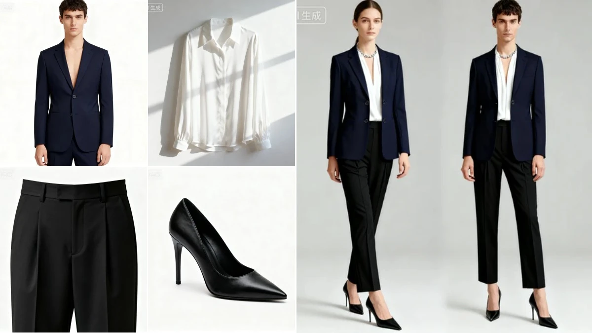 图1：通勤职场穿搭AI合成效果（左侧为拆分素材，右侧为合并成品）