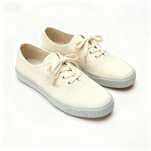 米色帆布鞋，低帮设计，简约款，白色背景，俯视拍摄，风格统一