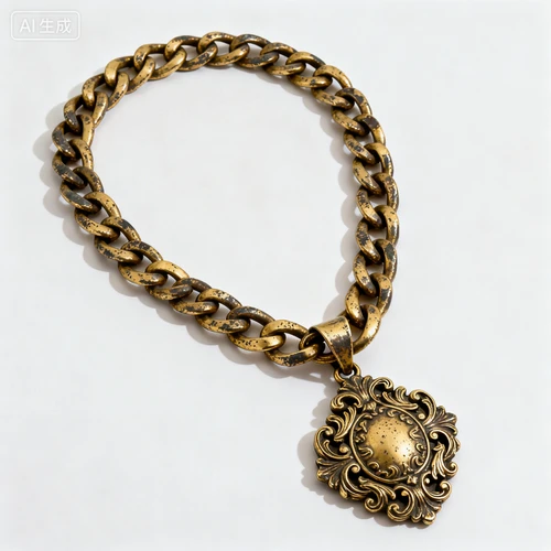 金色粗项链，夸张吊坠，复古做旧，白色背景，俯视拍摄，与风格统一