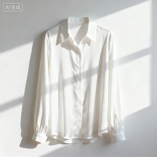 白色垂感衬衫，基础款，领型挺括，白色背景，正视拍摄，质感细腻