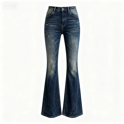 深蓝色高腰牛仔裤，微喇版型，做旧处理，白色背景，正视拍摄，版型完整