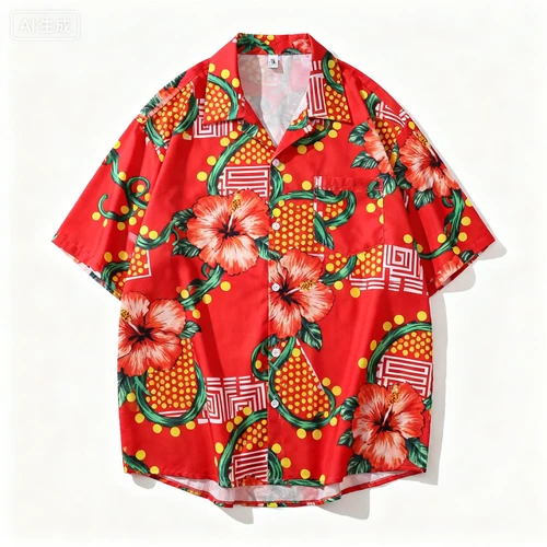 红色印花花衬衫，宽松版型，古巴领，白色背景，正视拍摄，图案清晰