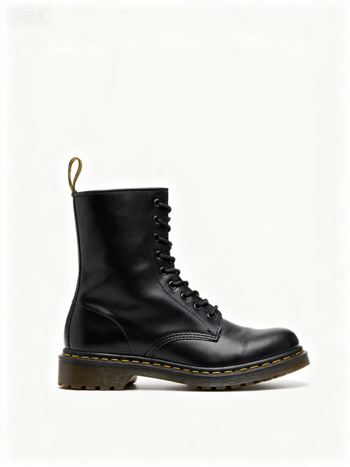 黑色马丁靴，8孔设计，哑光质感，白色背景，侧视拍摄，复古风格