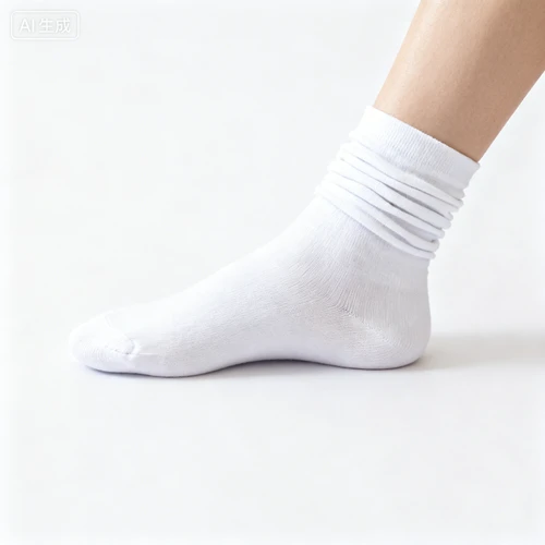 白色堆堆袜，棉质材质，简约款，白色背景，侧视拍摄，褶皱自然