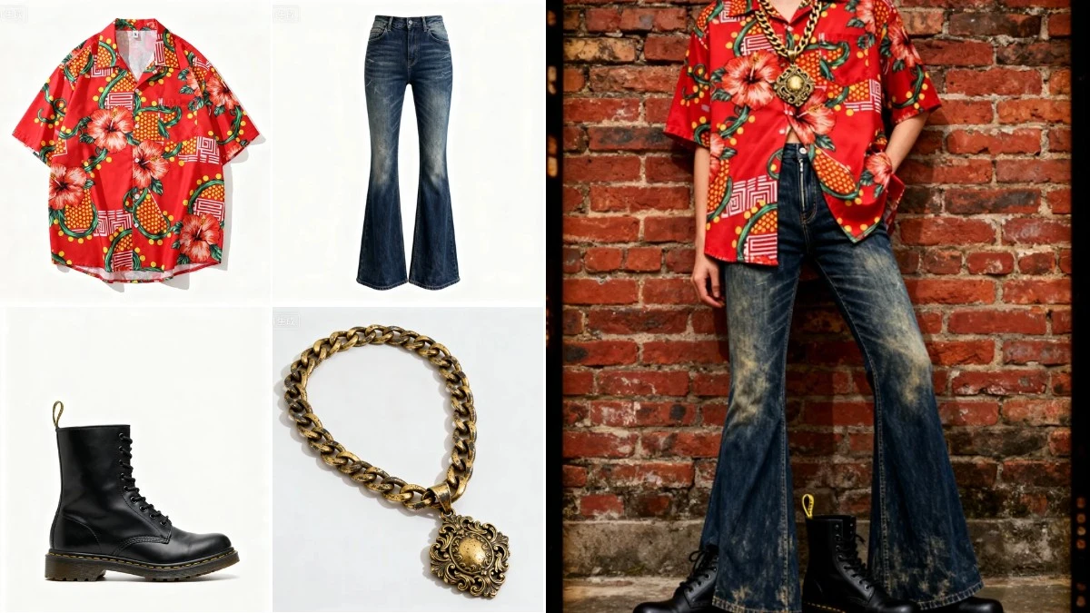 图2：复古港风穿搭AI合成效果（左侧为拆分素材，右侧为合并成品）