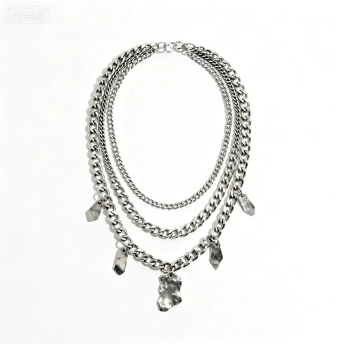 银色链条项链，多层设计，街头风格，白色背景，正视拍摄，与风格统一