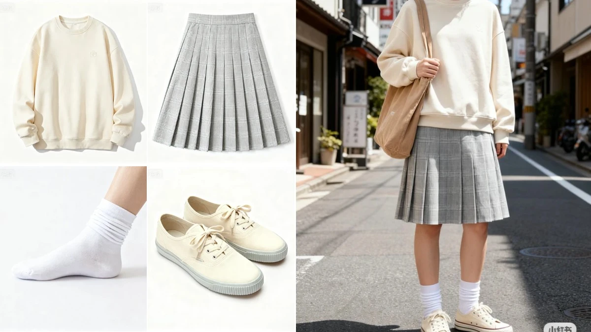 图3：日系清新穿搭AI合成效果（左侧为拆分素材，右侧为合并成品）