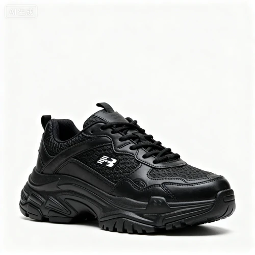 黑色老爹鞋，厚底设计，品牌logo，白色背景，正视拍摄，潮流感强