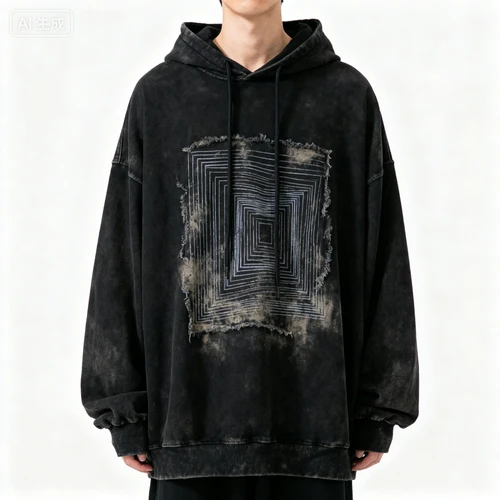 黑色oversize连帽卫衣，印花图案，做旧水洗，白色背景，正视拍摄，版型宽松