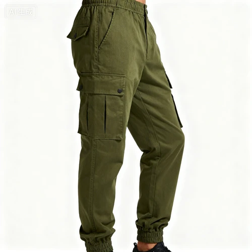 军绿色工装裤，多口袋设计，束脚版型，白色背景，侧视拍摄，风格硬朗