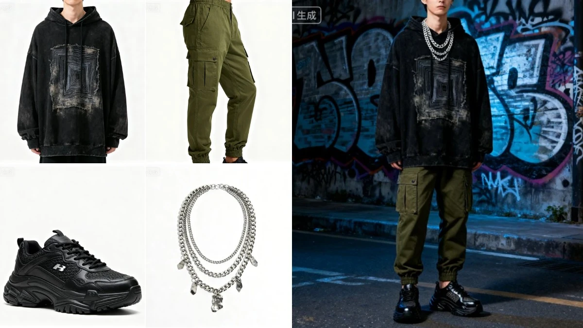 图4：街头潮酷穿搭AI合成效果（左侧为拆分素材，右侧为合并成品）