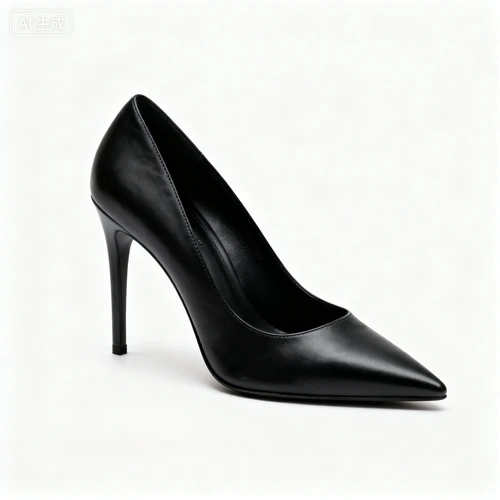 黑色尖头高跟鞋，5cm细跟，简约款，白色背景，侧视拍摄，造型干练