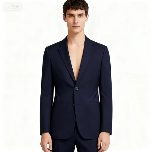 藏青色修身西装外套，单排扣，简约设计，白色背景，正视拍摄，线条流畅
