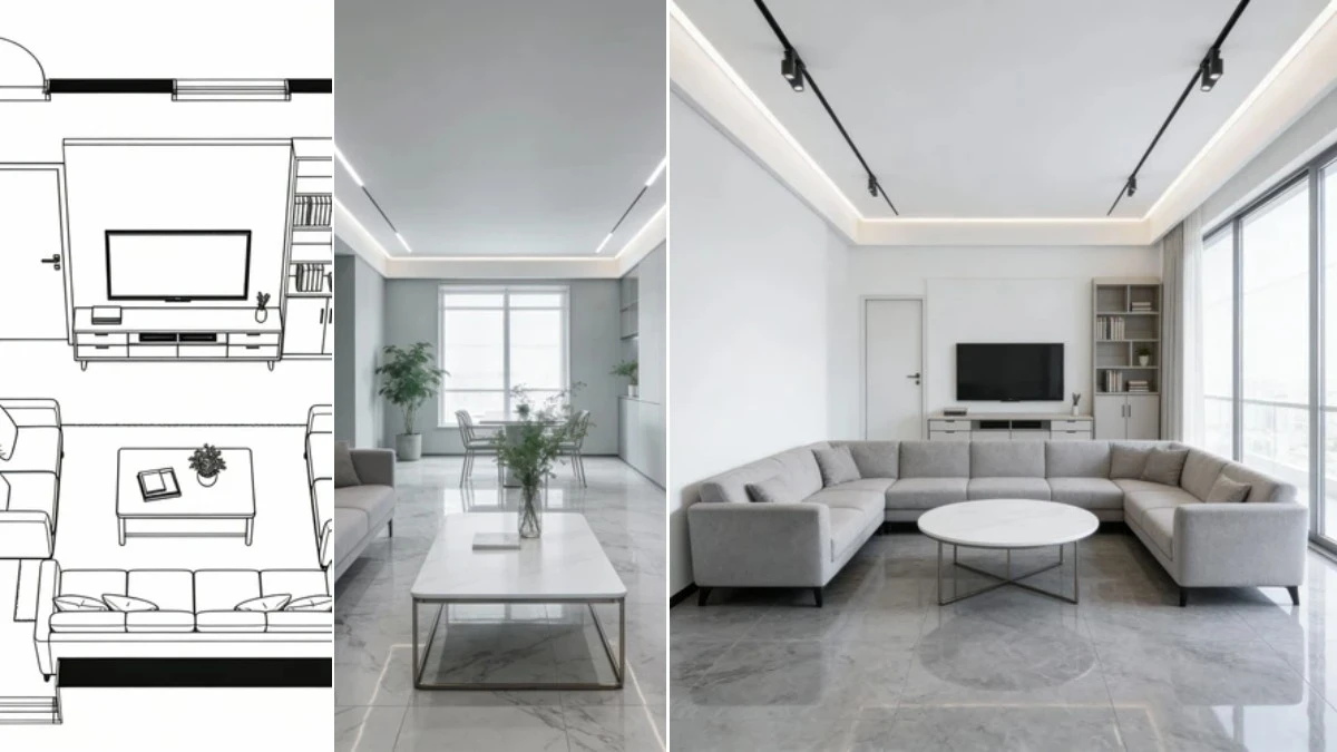 图1：CAD转现代客厅效果（左侧为CAD线稿，右侧为AI渲染成品）