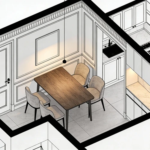 输入素材：黑白户型图局部（餐厅区域），包含餐桌椅图例和墙体线条