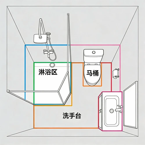 输入素材：卫生间平面分区图，标注了淋浴区、马桶、洗手台位置的线框