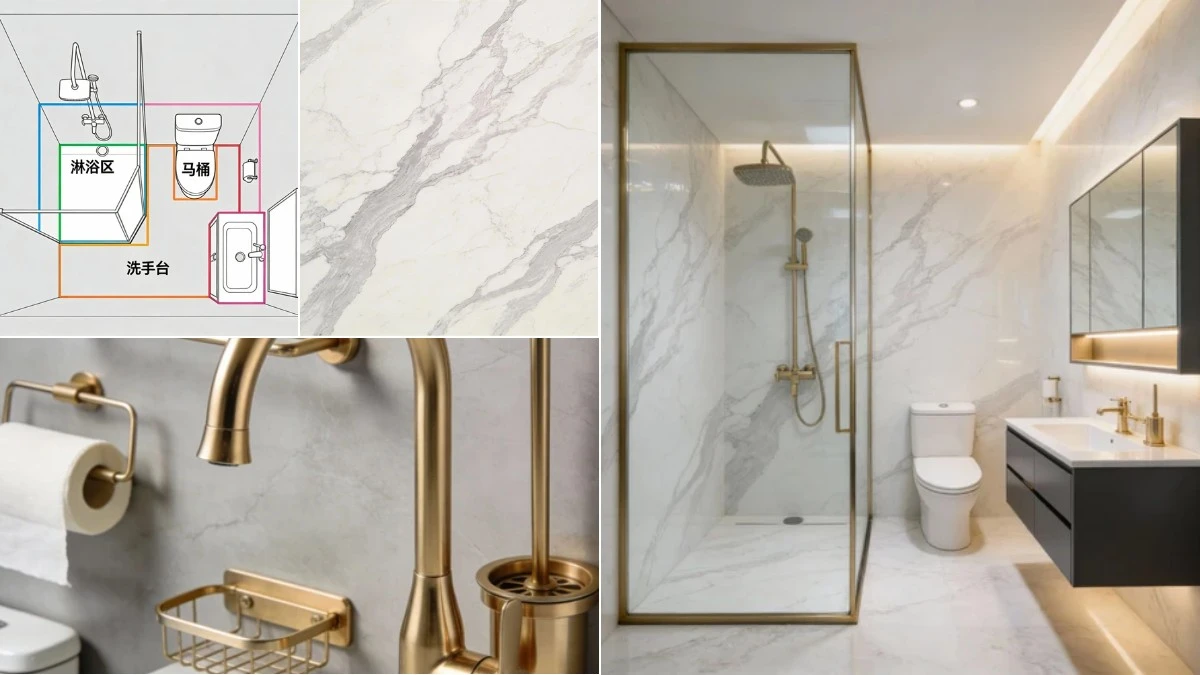 图4：布局图转轻奢卫生间效果（左侧为布局线框，右侧为AI渲染成品）