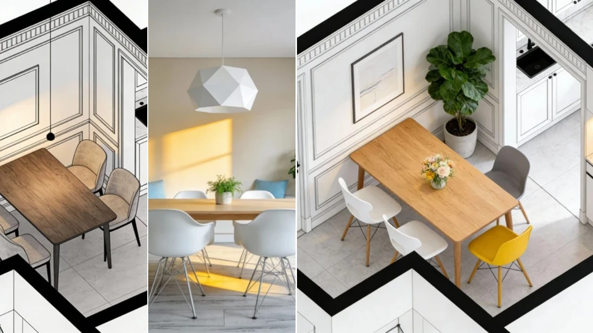 图3：户型图转北欧餐厅效果（左侧为原始户型图，右侧为AI渲染成品）