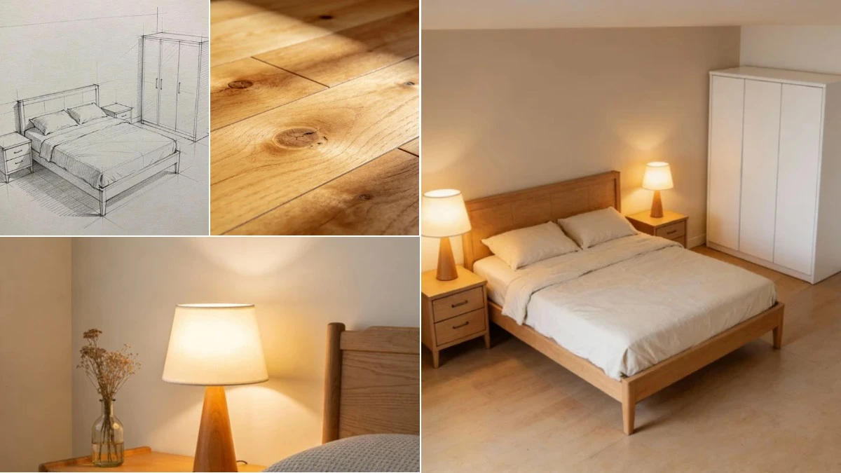 图2：手绘转温馨卧室效果（左侧为手绘草稿，右侧为AI渲染成品）