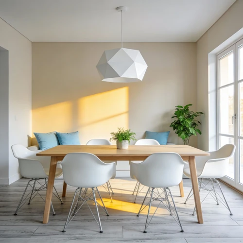 风格参考：北欧风餐厅实景图，伊姆斯椅，色彩明快