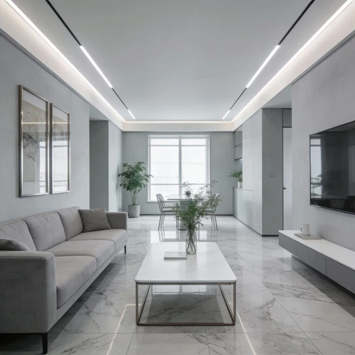 风格参考：现代简约风格参考图，浅灰色调，无主灯设计，大理石地砖