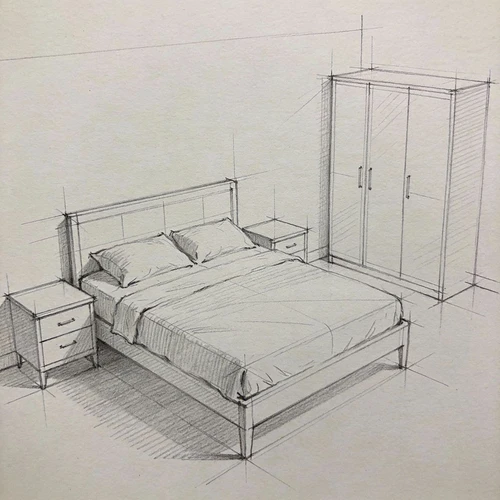 输入素材：手绘卧室平面草图，包含双人床、床头柜、衣柜的大致轮廓，线条闭合