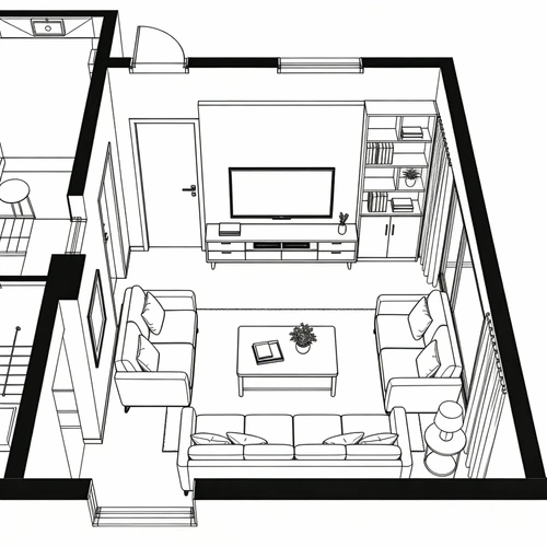 输入素材：CAD导出的JPG格式线稿，线条清晰，黑色线条白色背景，包含沙发、茶几、电视柜布局