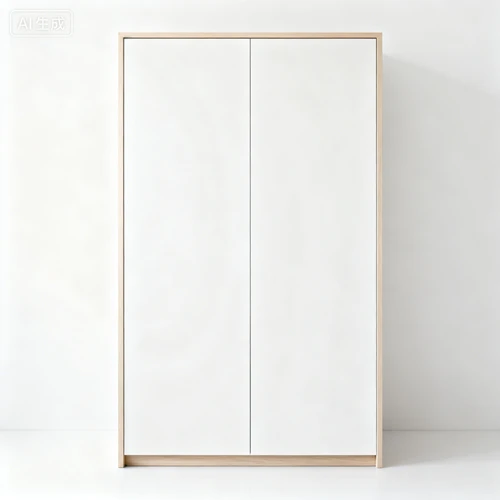 白色哑光衣柜门板，无拉手设计，浅木纹边框，白色背景，正视拍摄，表面光滑