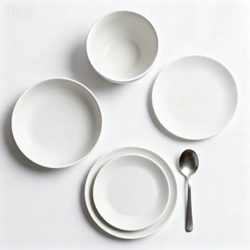 陶瓷餐具套装，白色哑光，4人份，白色背景，俯视拍摄，摆放整齐