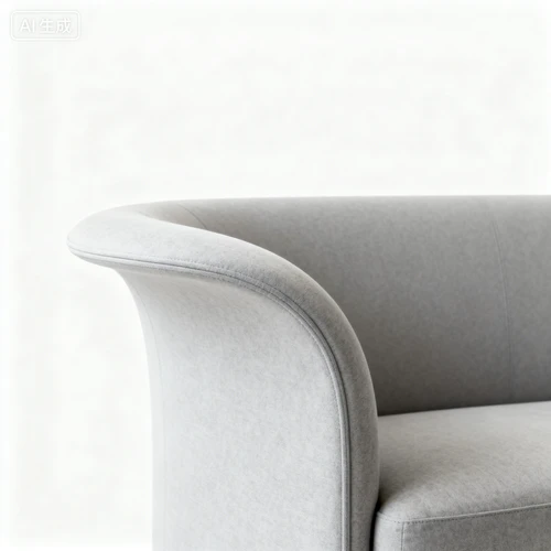 浅灰色沙发扶手，弧形设计，白色背景，侧视拍摄，线条流畅