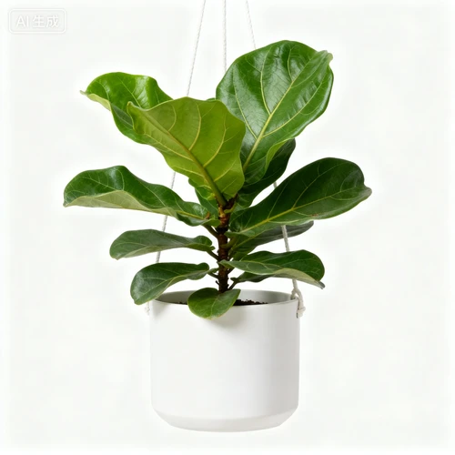 悬挂式绿植，琴叶榕，白色花盆，白色背景，侧视拍摄，枝叶舒展