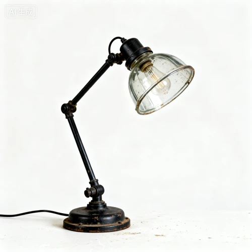 复古工业风台灯，黑色金属支架，玻璃灯罩，白色背景，侧视拍摄，做旧效果