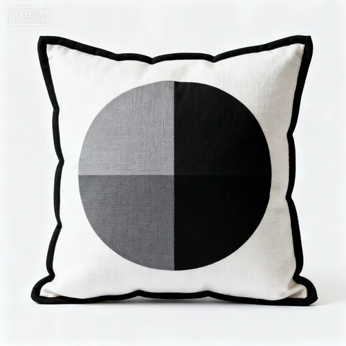 几何图案抱枕，黑灰配色，帆布材质，白色背景，正视拍摄，与风格统一