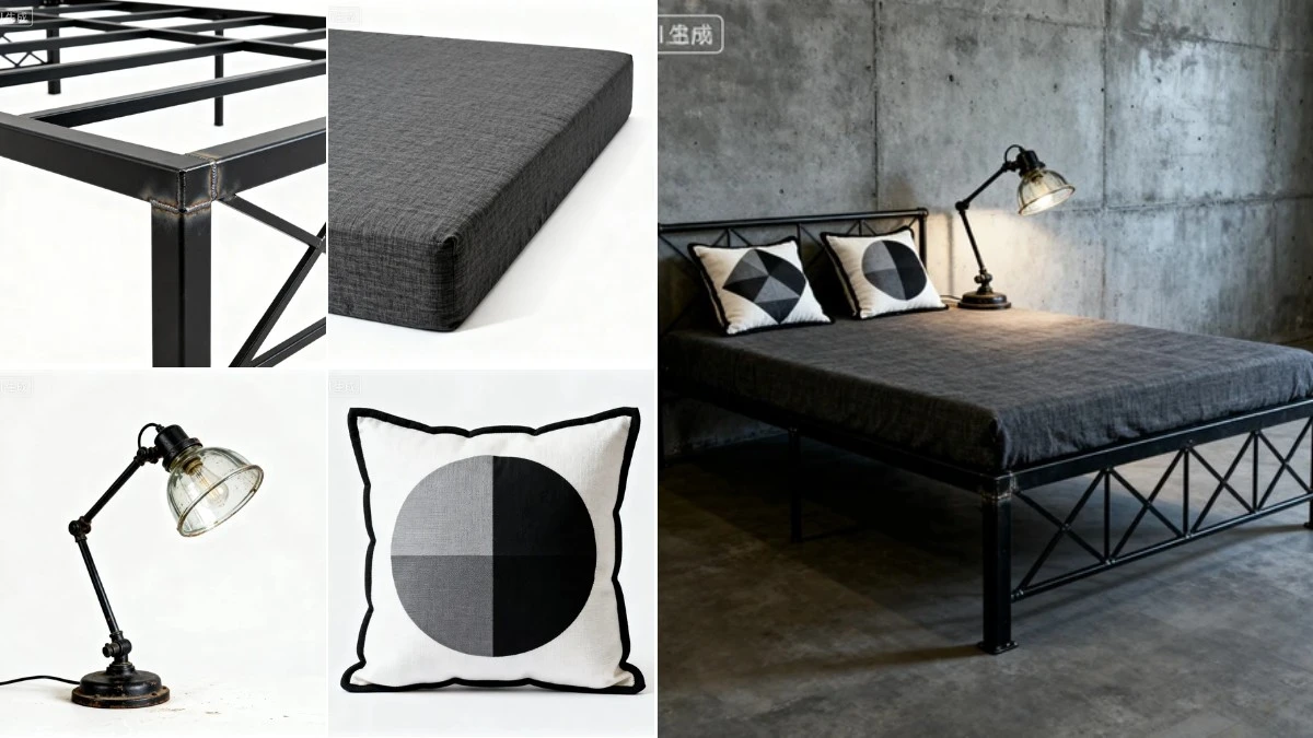 图4：工业风床具AI合成效果（左侧为拆分素材，右侧为合并成品）