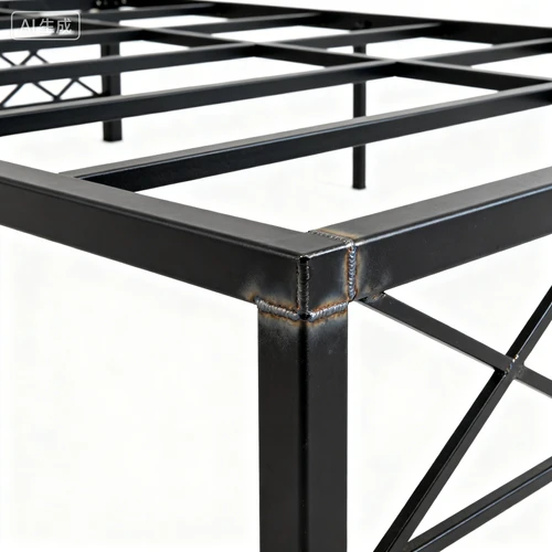 黑色铁艺床架，方形管材，交叉设计，白色背景，正视拍摄，焊接痕迹自然