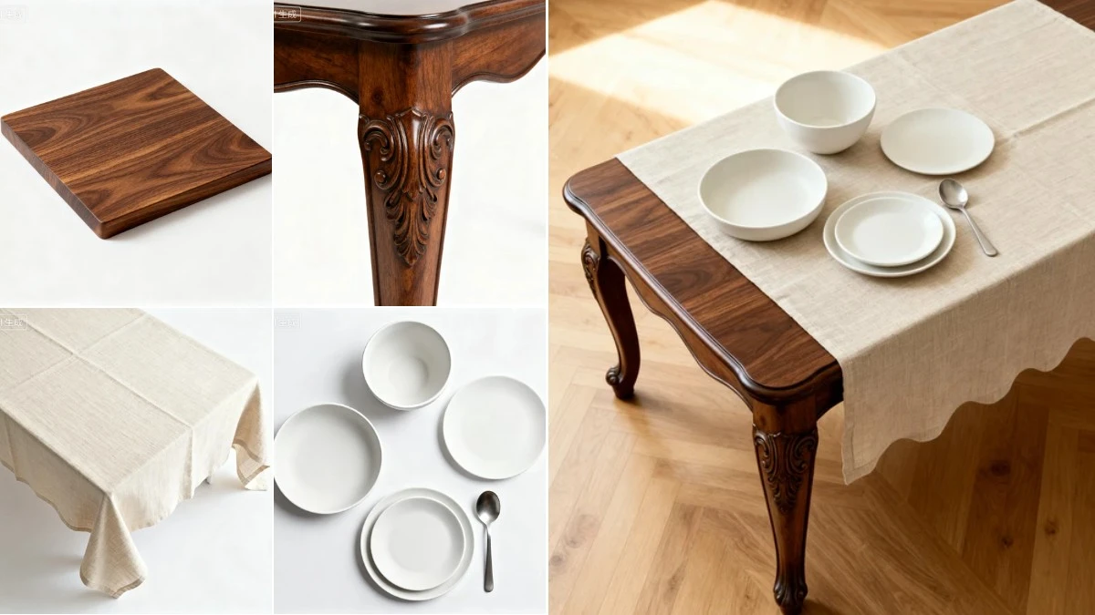 图2：实木餐桌AI合成效果（左侧为拆分素材，右侧为合并成品）