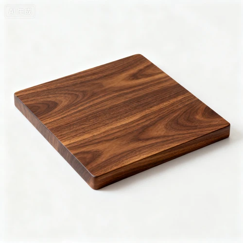 胡桃木桌面，自然木纹，4cm厚度，白色背景，俯视拍摄，边角圆润