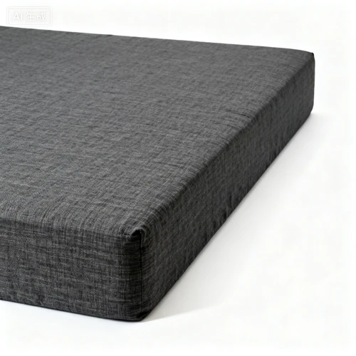 深灰色亚麻床垫，15cm厚度，白色背景，侧视拍摄，质感厚实