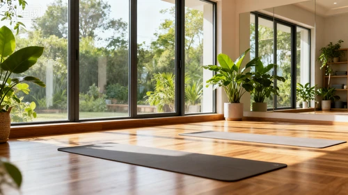 瑜伽区场景，木质地板，落地窗，绿植装饰，自然光，侧视拍摄，宁静舒适