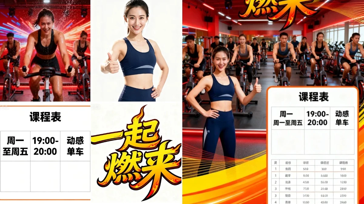 图2：团体课宣传海报AI合成效果（左侧为拆分素材，右侧为合并成品）